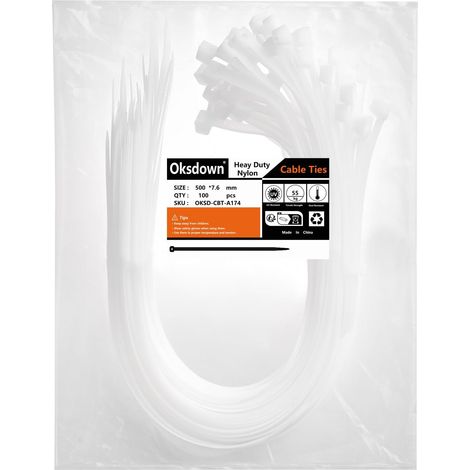 500 mm x 7,6 mm Collier de Serrage Plastique Blanc Serre Câbles Longs Rilsan Solides Résistant aux UV Attache Câble Lot de 100 Pièces (1/4)