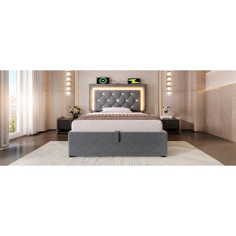 MEUBLIV Polsterbett 90x200 cm Grau Samt mit LED und Bettkasten, ohne Matratze (1/5)