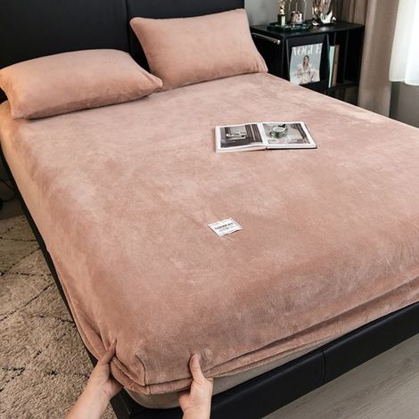 Drap-Housse 200x220cm +26cm,Kaki Drap-housse élastique chaud et épais en flanelle de unie, housse de matelas d'hiver réglable (1/5)