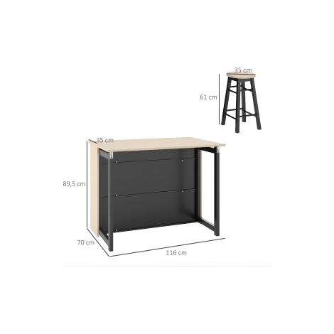 Ensemble table de bar noir avec 2 tabourets, plateau rabattable et meuble de rangement pour cuisine, salle à manger et salon (1/5)
