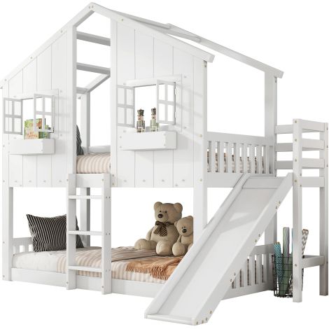 Lit superposé pour enfants avec toboggan, structure en forme de maisonnette (avec toit), fenêtres, barrières de sécurité et échelle à trois marches  fabriqué en bois de pin et MDF  blanc  dimensions 9 (1/5)