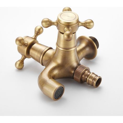 Poignée de robinet en laiton antike multifunktionale waschküche badezimmer wand montiert waschmaschine außen garten wasserhahn doppelkopf langen kalten wasserhahn (1/4)
