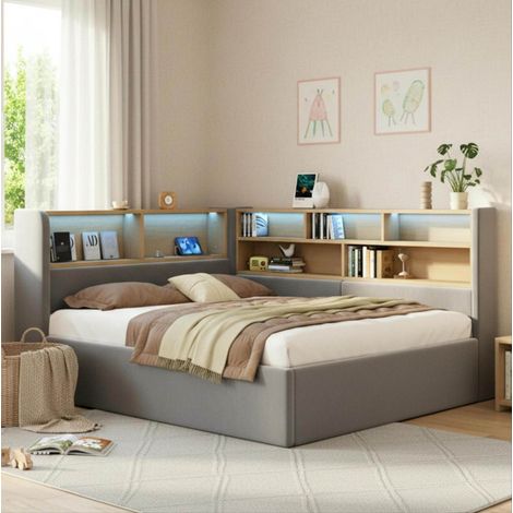 Boxspringbett 140 x 200 cm mit hydraulischem Stauraum, LED, USB und Type-C, grauer Samt HAVRYA (1/5)