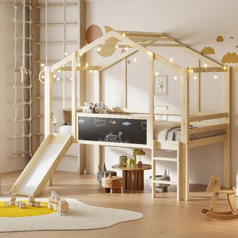 Kinderbett 90x200 cm Hausbett mit Rutsche und Tafel, Massivholz Hochbett mit Sicherheitsleiter, platzsparendes Spielbett, Holzfarbe (1/5)