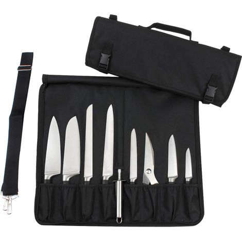 Messertasche mit 15 Fächern, praktischem Tragegriff und Schultergurt Schwarz (Messer nicht im Lieferumfang enthalten)