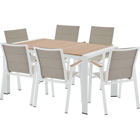 Sala da pranzo da giardino in alluminio: un tavolo L.150 cm e 6 poltrone impilabili Naturale chiaro e bianco - LIOUS di MYLIA