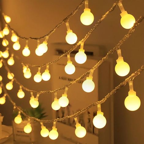 Luci a LED - Illuminazione d'atmosfera per campeggio - Natale - Luci decorative lampeggianti - Colori caldi - Piccole palline bianche da 1,7 cm - Funzionamento a batteria, 10 m, 80 LED (fissi + lampeg
