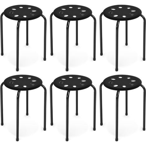 Pack de 6 taburetes apilables de metal con estructura de metal en forma de X y asiento redondo, color negro (1/5)