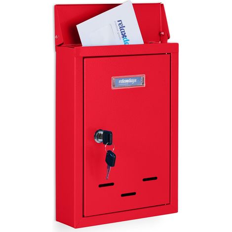 Relaxdays Briefkasten mit Namensschild, aus Metall, mit 2 Schlüsseln, Postkasten schmal, HxBxT: 30,5 x 21 x 7 cm, rot