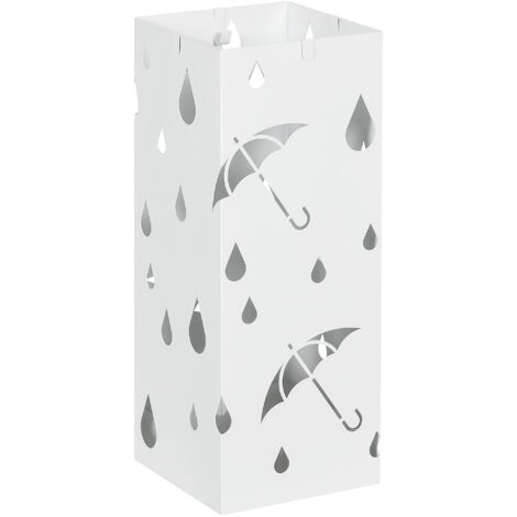 Porte-parapluie support à parapluie carré en acier avec 4 crochets et bac de récupération d'eau amovible blanc (1/5)