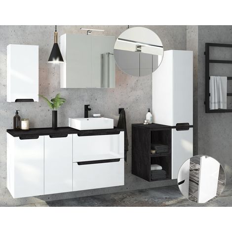 Badmöbel Komplettset Hochglanz weiß mit Beton-Dunkel SOFIA-107 mit 40cm Keramik-Waschtisch & LED-Spiegelschrank, B/H/T ca.  240/200/46 cm (1/5)