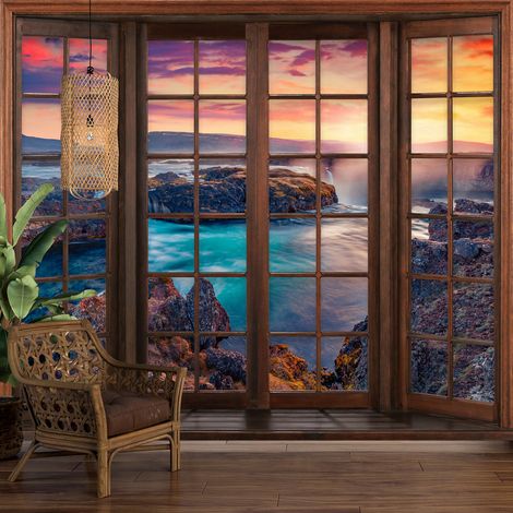 Papier peint panoramique Trompe l'oeil Fenêtre en bois - Vue Mer - 130 cm x 104 cm (1/5)