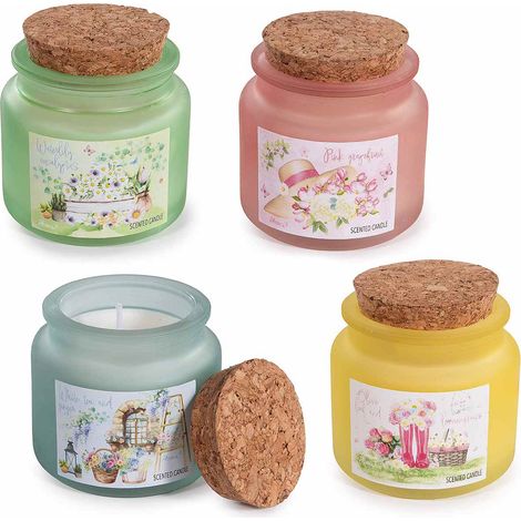 Candele profumate in vaso a barattolo di vetro con tappo in sughero e stampa floreale, set da 4 pezzi, Ø 6,5 cm x 6,5 H