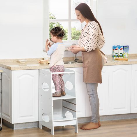 Torre Montessori con 3 niveles de altura ajustable, torre de aprendizaje infantil de madera, escalera infantil blanca (1/5)