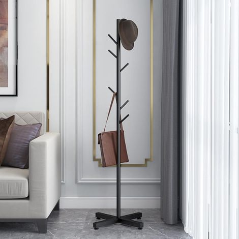 Moderner Kleiderhalter aus Metall, Stand-alone, mit 7 Haken, Halle-Kleiderhalter in der Ecke, Huthalter, Kleiderhalter, Veranda-Eingang, Mütze, Kleidung, Taschen, Schirmhalter, 46  46  176 cm (schwarz