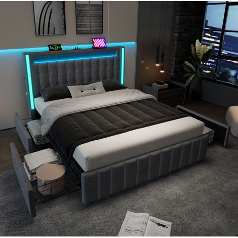 Cama tapizada moderna 140x200 cm gris en tejido efecto lino, cabecero con USB y Tipo-C, LED, 4 cajones (1/5)