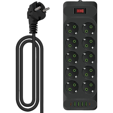 10-fach Steckdosenleiste mit 4x USB + 2x Type-C - Schalter & Überspannungsschutz - 2m Kabel für Wandmontage (Büro, Homeoffice, Werkstatt)