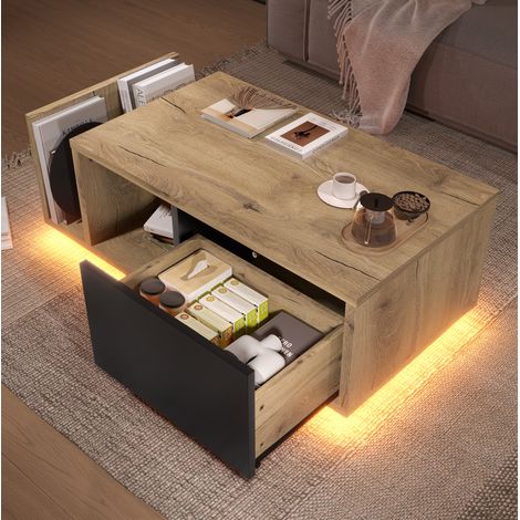 Mesa auxiliar de madera técnica y metal 99,5 x 53 x 38 cm natural con LED y almacenaje (1/5)