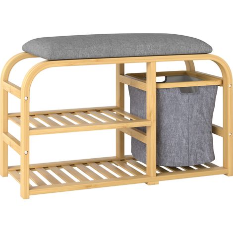 Banc à chaussures avec coussin, 2 clayettes en bois et panier coulissant en tissu, 70x30x45cm, bois naturel (1/5)