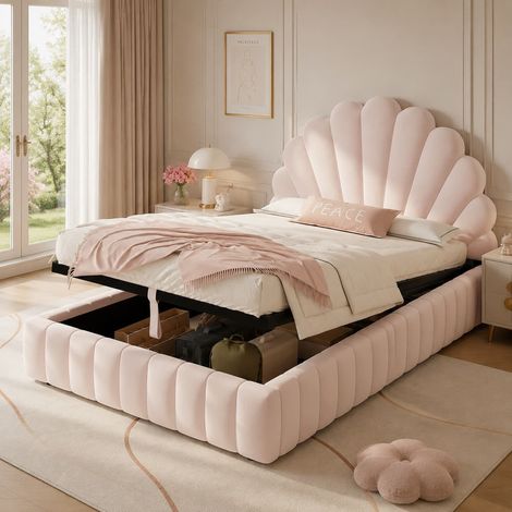 BATDTECH - Cama infantil 90x200 cm, Cama individual con somier, Cabecero acolchado con diseño de pétalos y almacenaje hidráulico, Tapizado en terciopelo rosa, sin colchón