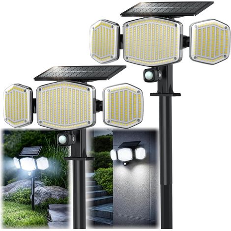 Lampe Solaire Exterieur Detecteur de Mouvement, Mural/sur pied, 2PCS 2000mAh 1200 lm 426 LED Solaire Extérieur avec 3 Modes, D'éClairage 270 °, IP65 Étanche Lumiere Solaire Applique Exterieur