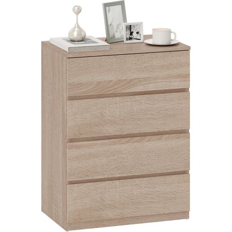 Cassettiera 4 Cassetti in Legno con Guide in Metallo e Maniglie Scanalate, 60x40x80 cm, color Faggio
