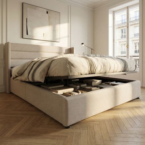 Letto contenitore 160x200 con testiera con orecchie, in tessuto lino, con vano contenitore e sollevamento idraulico, stile contemporaneo, beige