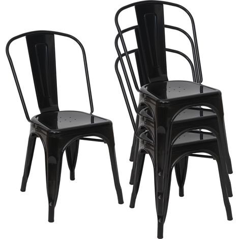 Set 4x sedie bar bistrot impilabili design industriale HHG-791 metallo verniciato nero (1/5)