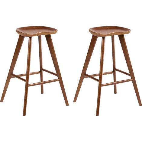 Set of 2 Bar Stools Brown Rubber Wood Retro Style Kitchen Dining Room CANDO