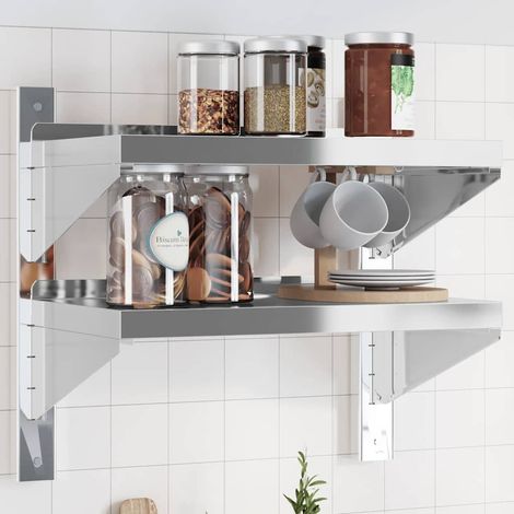 vidaXL Mensola Muro 2 Ripiani 50x30x48 cm Argento Acciaio