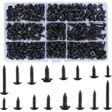 350 vis autotaraudeuses, vis autoperceuses en acier au carbone, vis à bois noires, kit de vis à tête ronde, vis à tête plate Phillips pour (1/4)