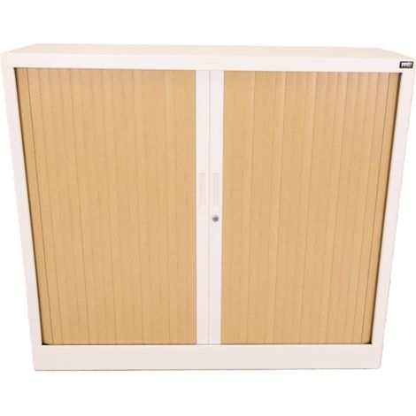 [JAMAIS UTILISE] Armoire Basse à Rideaux de Bureau MTI 2 Tablettes Corps Blanc et Rideaux Hêtre 120x105x43cm - AM1210R-HE (1/5)