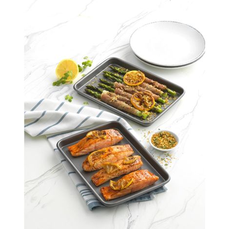 Ensemble de mini-plaques de cuisson pour four (2 pièces), en tôle d'acier épaisse avec revêtement antiadhésif, mesurant 25×17cm, gris. (1/5)