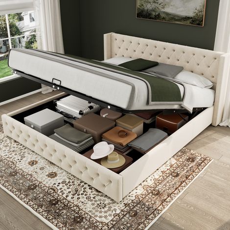 Lit double 140/200 cm beige en velours avec coffre de rangement hydraulique (1/5)