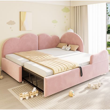 Cama infantil 90 x 200 cm con cama nido en L y cabecero nube de terciopelo rosa DESVIAE (1/5)