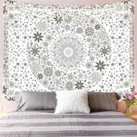 Tenture murale Mandala Bohème 130x150cm, Tapisserie Décorative Blanche pour Salon, Chambre, Dorm, Couvre-lit Nature, Housse de Lit pour Décoration Murale (1/4)