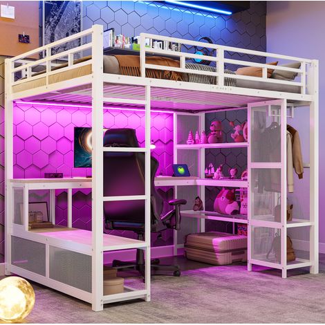 Letto a soppalco 140x200 cm in metallo e MDF, con scrivania, ripiani e LED HAVRYA (1/5)