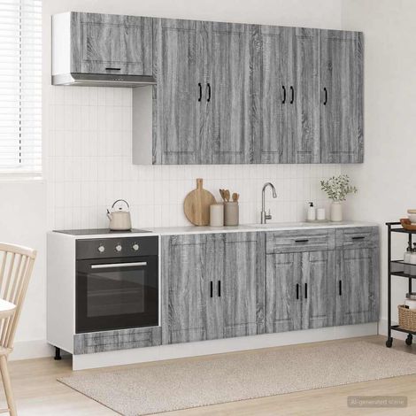 Ensemble de meubles de cuisine 8 pièces en bois d’ingénierie gris Sonoma avec pieds réglables - PANGIVO (1/5)