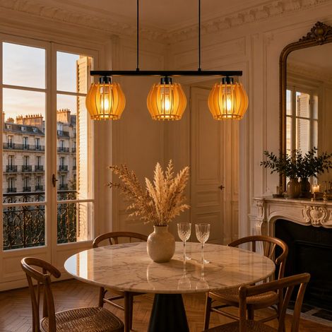 Suspension 3 lumières E27, lustre lanterne en bois, luminaire suspendu sans ampoules pour table à manger et îlot cuisine - Noir et naturel (1/5)