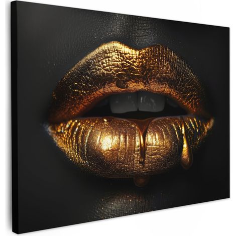 CUADRO EN LIENZO Mujer - Retrato - Labios - Oro - Negro Lienzo Modernos 80x60 cm