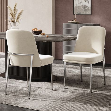 Lote de 2 sillas de comedor, asientos tapizados con patas de metal plateado, de terciopelo, beige (1/5)