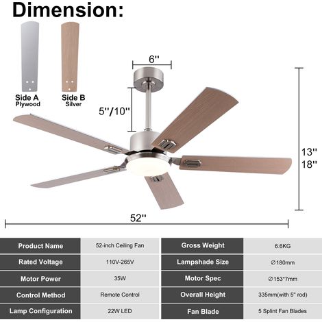 Ventilateur plafond 52 pouces plat lumière LED dimmable 5 pales télécommande. Moteur réversible 6 vitesses mémoire pour chambre.