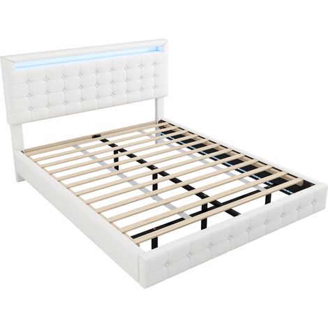 Lit flottant 140x200, lit blanc avec éclairage LED, tête de lit réglable, cadre en simili cuir PU, design moderne pour chambre. (1/5)