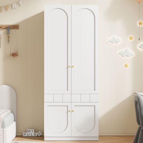 Armoire 2 Portes 80x50x200 cm avec Penderie et Tiroirs, Finition Laquée, Poignées Métal, Blanc