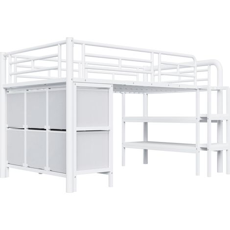 Cama alta infantil de metal blanco 90 x 200 cm con almacenaje, escalera ancha y estantes MODENUIT (1/5)