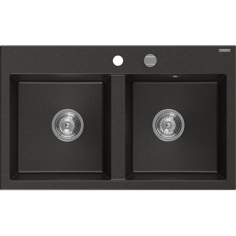Mexen Hektor fregadero de granito de 2 compartimentos 800 x 480 mm, negro/dorado metálico, sifón cromado - 6521802000-75 (1/5)
