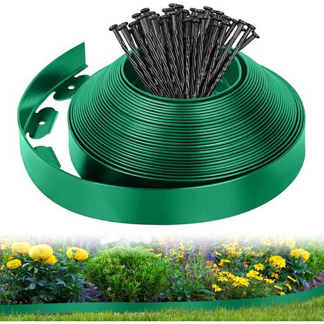 Bordure de Pelouse Flexible 10M x 5cm, Clôture de Jardin en Plastique avec 50 Piquets, Bordure de Délimitation pour Pelouse, Parterre, Allée de Patio, Verte (1/5)