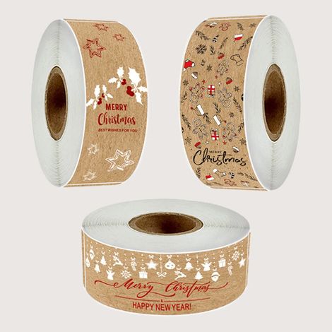 Rouleau de 150 étiquettes autocollantes « Joyeux Noël » en papier kraft pour emballages cadeaux, enveloppes, cartes et décorations de pâtisserie. (1/4)