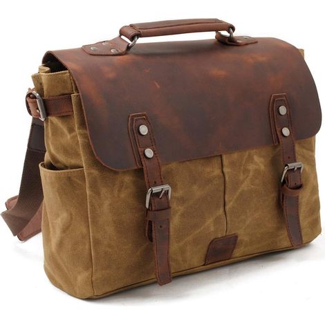 les hommes est sac de coursier sac de toile imperméable ciré cuir vintage ordinateur toile cartable épaule mallette à usage quotidien brown travaux école college (1/5)