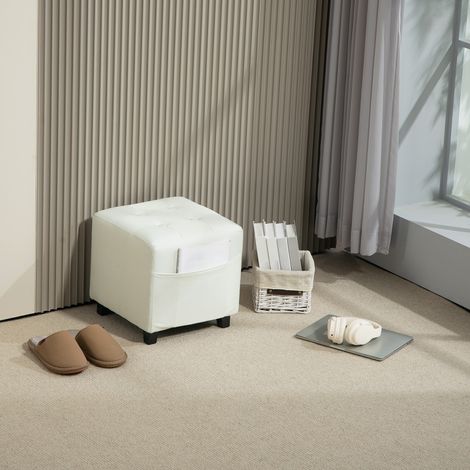 Fußhocker fürs Wohnzimmer, gepolsterter Sitz in Leinenoptik mit Seitentasche, 35 x 35 x 35 cm, cremefarben